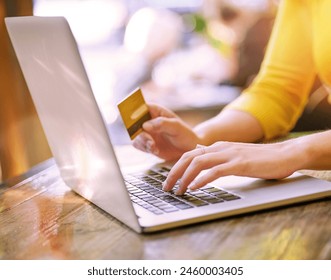 Woman, credit card and laptop for online shopping, ecommerce and virtual store or shop on website. Entrepreneur, technology and digital payment for b2b, dropshipping and business with product or sale - Powered by Shutterstock