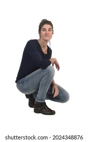 Woman Crouching On White Background