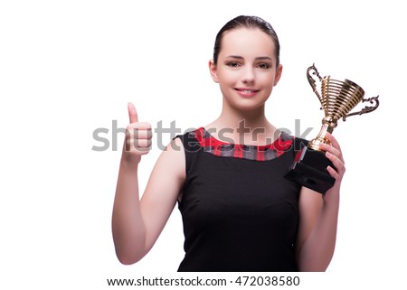 Woman with cup award isolated on white