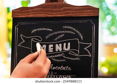 Woman with cup of cocoa with marshmallows drawing christmas menu of cocoa bar on small chalk board. - Powered by Shutterstock