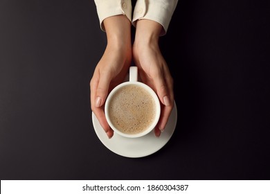 Woman With Cup Of Coffee On Black Background, Top View