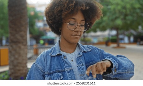 Woman with curly hair checks the time on her watch while standing in an urban park wearing a denim jacket on a sunny day. - Powered by Shutterstock