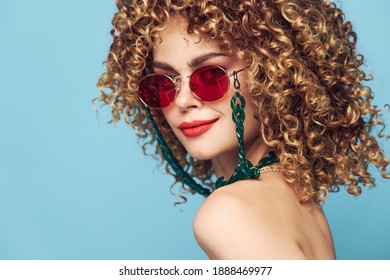 Woman Curly Hair Smile Red Lips Sunglasses Blue 