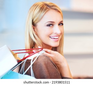 Woman Customer Shopping Smile In Mall Store With Bags From Boutique Sale Offer Or Fashion Retail Shop Discount Deal. Portrait Of Happy Girl Or Young Person In Joy, Happiness And Excited With Choice