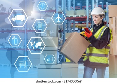 Woman customs officer. Girl with boxes in bonded warehouse. Customs check of goods at International border. Global symbols in logistics in front of customs officer. Lady storekeeper. Art Blurred. - Shutterstock ID 2174330069