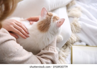 Woman with cute fluffy cat and book on bed, closeup