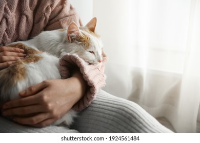 Woman With Cute Fluffy Cat Indoors, Closeup