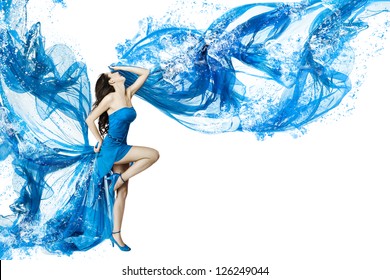 Woman dance in blue water dress dissolving in splash. Isolated over white background