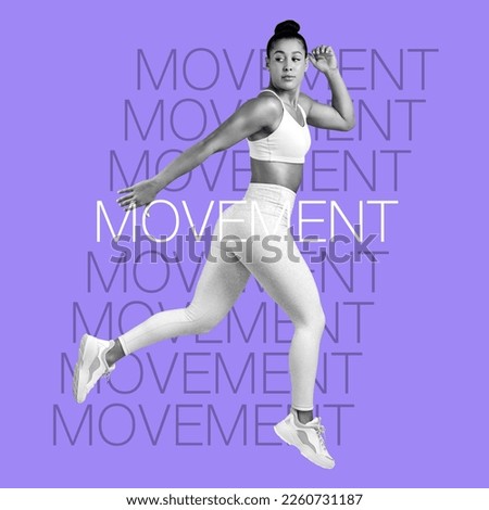 Woman, dance and freedom, words and motivation overlay, fitness and dancer jump on inspirational poster on purple background. Energy, free and dancing, sports and action with workout and text