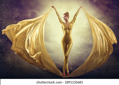 Woman dancing with golden flying Fabric. Perfect Gold Slim Body Silhouette. Fluttering Waving Silk Cloth as Butterfly Wings. Artistic Mystery Background