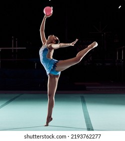 Woman Dancing On Floor In Sport Competition, Training Performance With Ball In Arena And Dancer Doing Dance At Social Event Or Concert. Professional Athlete Doing Gymnastics For Exercise And Health