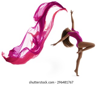 Woman Dancing in Sport Leotard, Sexy Girl Dancer with Flying Cloth Fabric, Flexible Gymnast Posing on White background