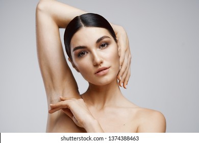 Woman Dark Hair Clear Skin Arm Raised Arm Armpit                           