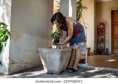 woman with dark hair and colourful dress planting flowers in a pot in house garden - Shutterstock ID 2259182411