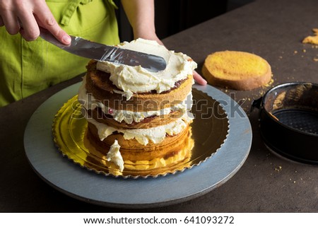 Woman decorating a delicious cake with icing cream. DIY, sequence, step by step.