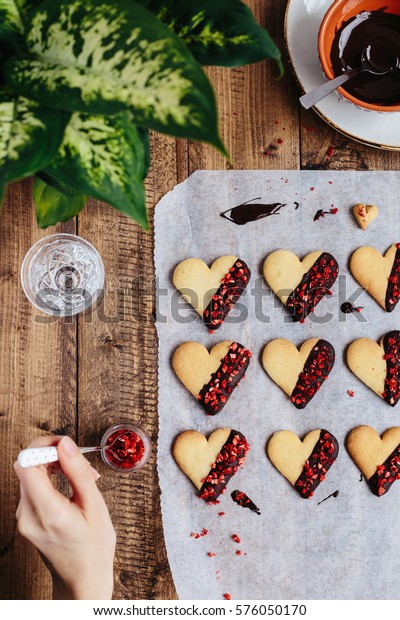 Woman Decorating Heart Shaped Biscuits Melted Stock Photo Edit