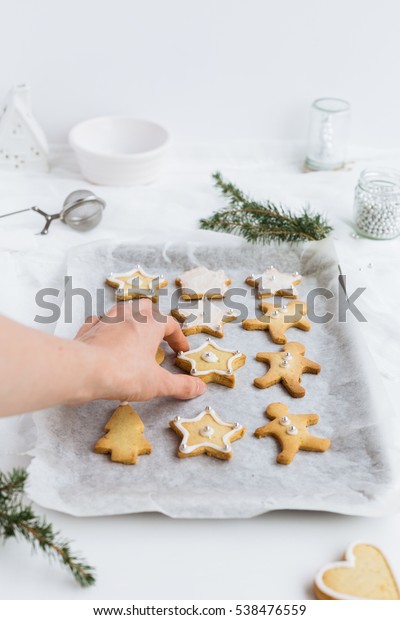 Woman Decorating Shortbread Christmas Biscuits Vanilla Stock Photo