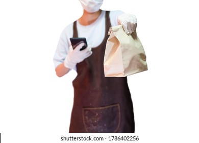A woman is delivering food from a restaurant to a customer by using a mobile phone to communicate and wear a madical mask and glove to prevent corona virus infection.Isolate on white background.