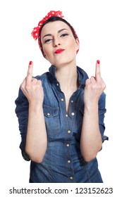 Woman in denim shirt with red kerchief showing middle fingers