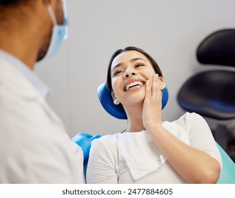 Woman, dentist and happy for dental surgery in clinic with support for teeth removal and treatment with doctor. Female patient, satisfied and smile on consultation for canal procedure and oral care - Powered by Shutterstock