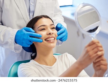 Woman, dentist and happy with mirror for dental surgery in clinic for teeth whitening and treatment with doctor. Female patient, satisfied and smile on consultation for canal procedure and oral care - Powered by Shutterstock