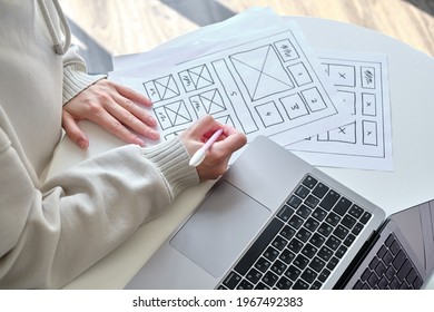 Woman Designer Create Website Design Wireframe. Sketch, Prototype, Framework, Layout Future Design Project. UI And UX - User Interface, User Experience Designer. Creative Concept For Web Design Studio