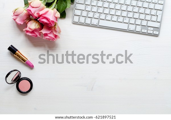 Woman Desk Accessories Flowers On White Stock Photo Edit Now