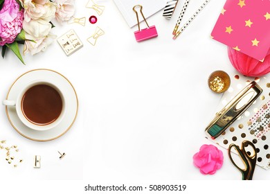 Woman desktop elegant. Coffee cup and items on the table. Mock-up for artwork .View from above. Flat lay.