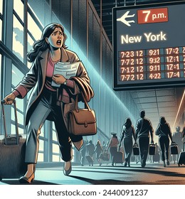 A woman desperately looking for the boarding gate to board a flight from New York to Canada at 7 p.m.