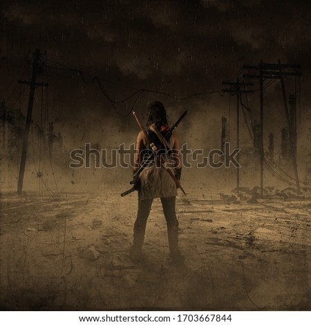 woman destruction in the world. , post Apocalypse and biohazard 