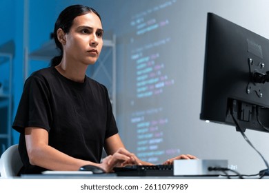 woman developer app coding tech workspace laptop IT cloud project network interface design freelance multitasking systems modern productivity startup
