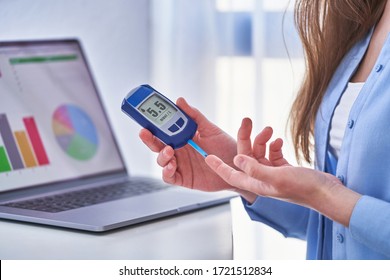 Woman Diabetic Patient Checks Blood Glucose Level Using Glucometer. Diabetes Control And Examining Glucose Graphs On A Computer Online At Home 