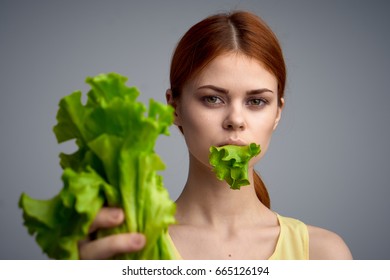 Woman Diet, Woman Lose Weight On Diet, Woman With Lettuce Leaves On Diet