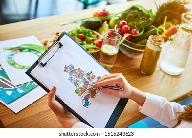 Woman dietitian in medical uniform with tape measure working on a diet plan sitting with different healthy food ingredients in the green office on background. Weight loss and right nutrition concept - Shutterstock ID 1515243623