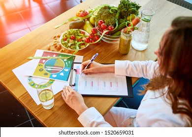 Woman dietitian in medical uniform with tape measure working on a diet plan sitting with different healthy food ingredients in the green office on background. Weight loss and right nutrition concept - Shutterstock ID 1520659031