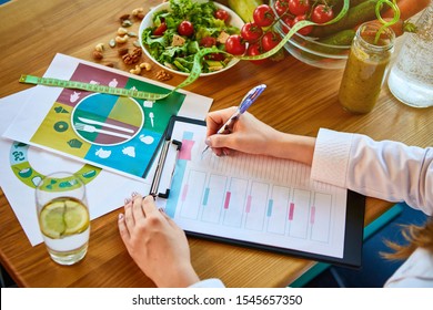 Woman dietitian in medical uniform with tape measure working on a diet plan sitting with different healthy food ingredients in the green office on background. Weight loss and right nutrition concept - Shutterstock ID 1545657350