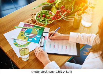 Woman dietitian in medical uniform with tape measure working on a diet plan sitting with different healthy food ingredients in the green office on background. Weight loss and right nutrition concept - Shutterstock ID 1551145148