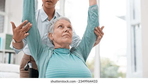 Woman with disability, physiotherapy and dumbbell exercise of healthcare rehabilitation, consulting or physical therapy assessment. Clinic, physiotherapist and support of senior patient in wheelchair - Powered by Shutterstock