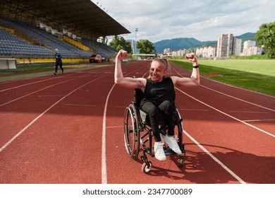 A woman with disability in a wheelchair showing dedication and strength by showing her muscles - Powered by Shutterstock