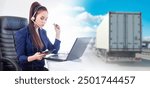 Woman dispatcher of transport company. Owner of truck business. Woman with laptop near lorry. Girl is looking for truck for cargo transportation. Logistics company dispatcher sitting at office desk