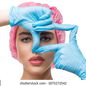 Woman in disposable cap and gloves isolated shot