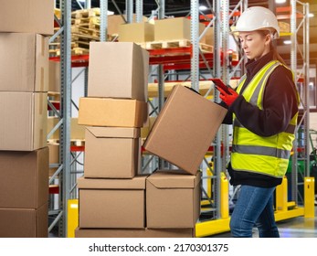 Woman in distribution center. Girl with phone in reflective vest. Distribution warehouse. Distribution center manager next to boxes. Worker selects parcels using application. Warehouse career