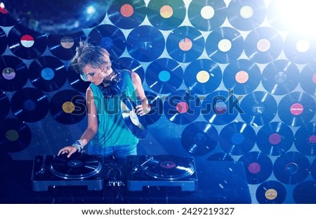 Woman dj, headphones and vinyl records in night club for party with turntable, lights and lens flare. Gen z female person, retro or mixing decks at event with energy, techno and music in Berlin disco