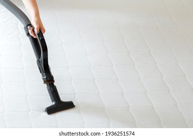 Woman Do Professional Cleaning Mattress By Vacuum Cleaner From Dust Bacteria Dirty. Vacuum Cleaner Machine In Female Hand Do Disinfection Surfaces, Cleanliness In Hotel Apartment. Copy Space.