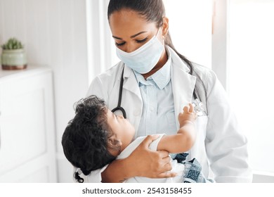 Woman, doctor and baby in hospital, clinic or office for health, immunization and wellness. Female person, pediatrician and professional for child medical services, advice and support with face mask - Powered by Shutterstock