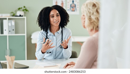 Woman, doctor and consultation with patient for medication, prescription or diagnosis at hospital. Female person talking or consulting to client for dosage, procedure or results at office or clinic - Powered by Shutterstock