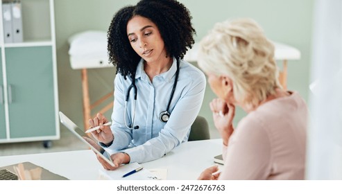 Woman, doctor and consulting patient with tablet for medication, prescription or diagnosis at hospital. Female person talking to client for consultation, dosage or medical results at office or clinic - Powered by Shutterstock