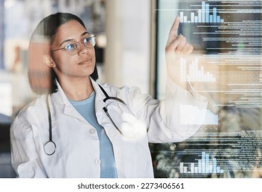 Woman doctor, data overlay and healthcare worker pointing to hospital stats and analytics. Clinic, wellness and health research hologram with a female employee checking insurance information - Powered by Shutterstock