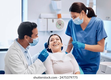 Woman, doctor and dentist with patient in clinic for consultation on medical advice hygiene for dental care or cleaning. Happy, people and orthodontics for teeth whitening or braces with treatment - Powered by Shutterstock