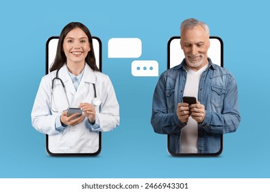 A woman doctor and an elderly man engage in an online medical consultation using their smartphones. Both are smiling, indicating a successful virtual interaction amidst a light blue background.